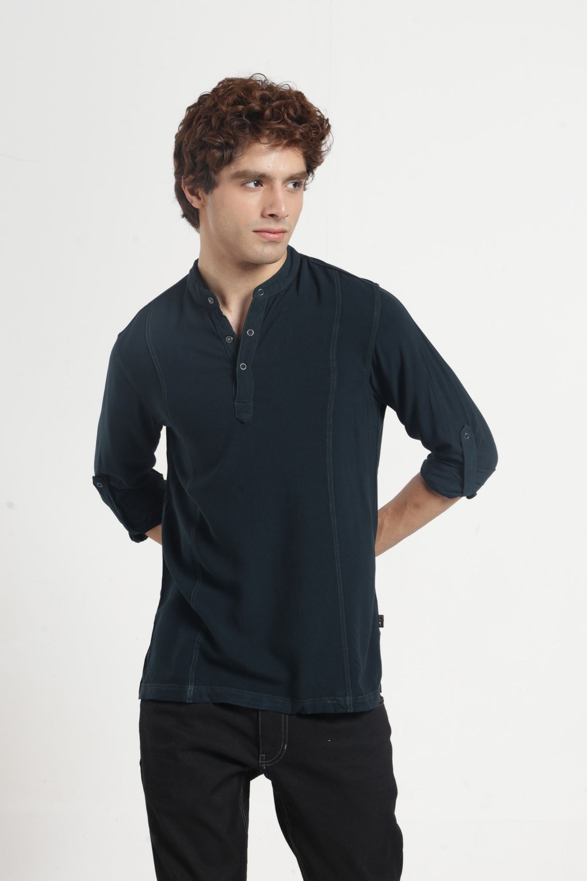 Mandarin Collar Half placket Solid Shirt/Kurta in Bottle green