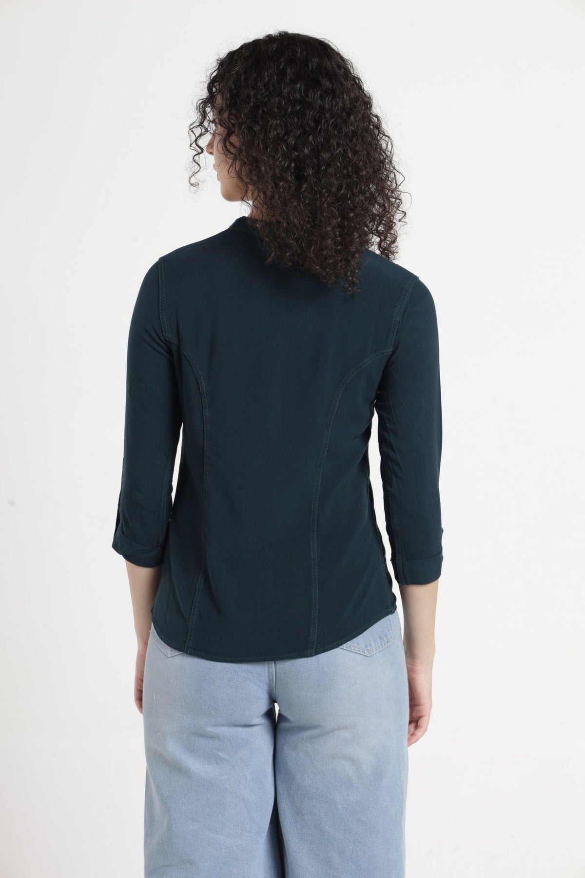 Women Solid Indo-Western Casual Shirt -Bottle green