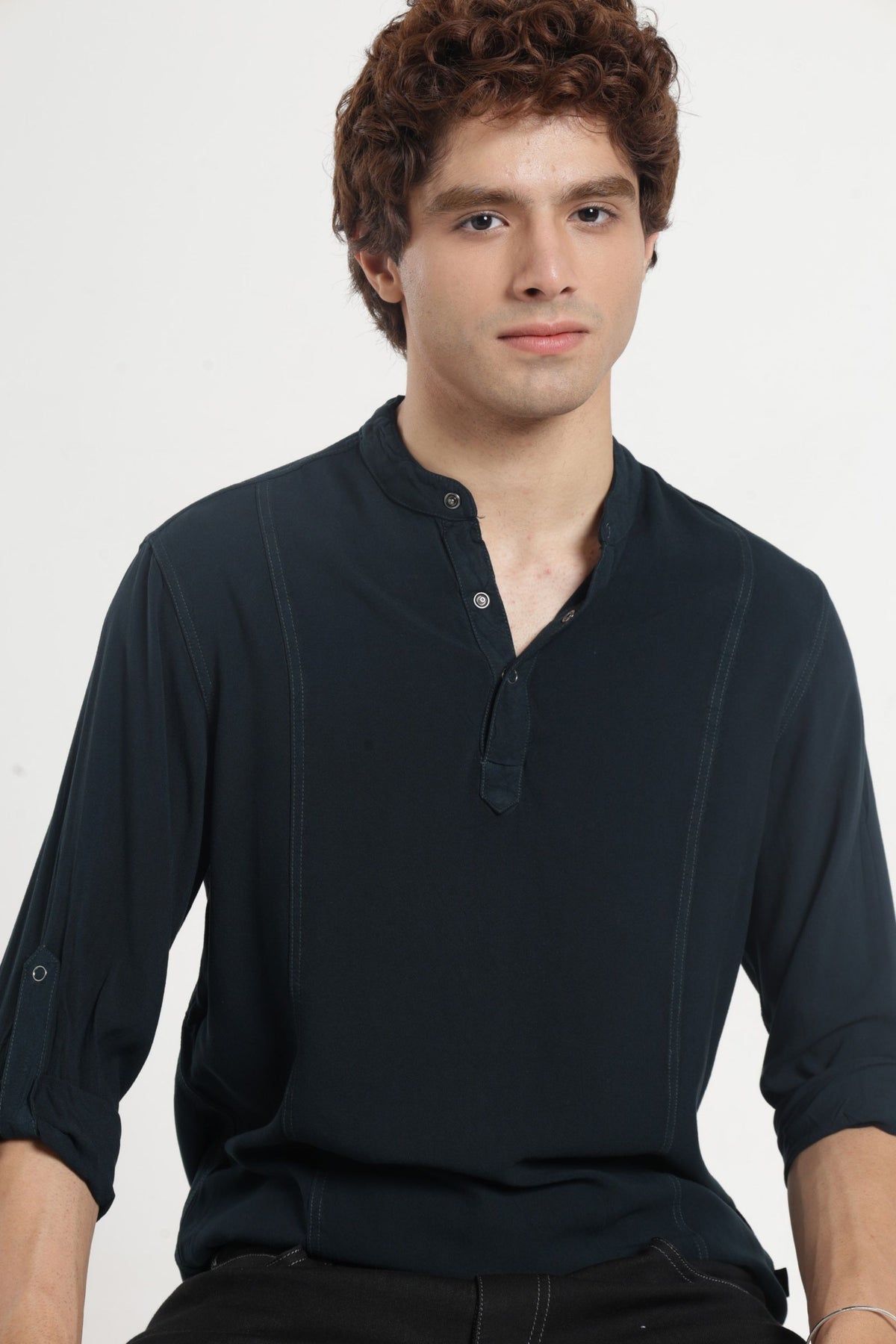 Mandarin Collar Half placket Solid Shirt/Kurta in Bottle green