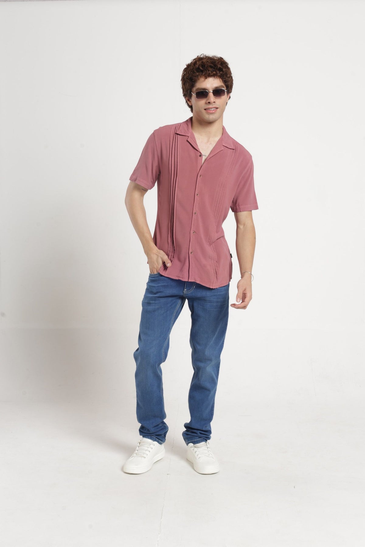 Cuban Collar Half sleeves Pintuck Flanking Solid Shirt In Peach