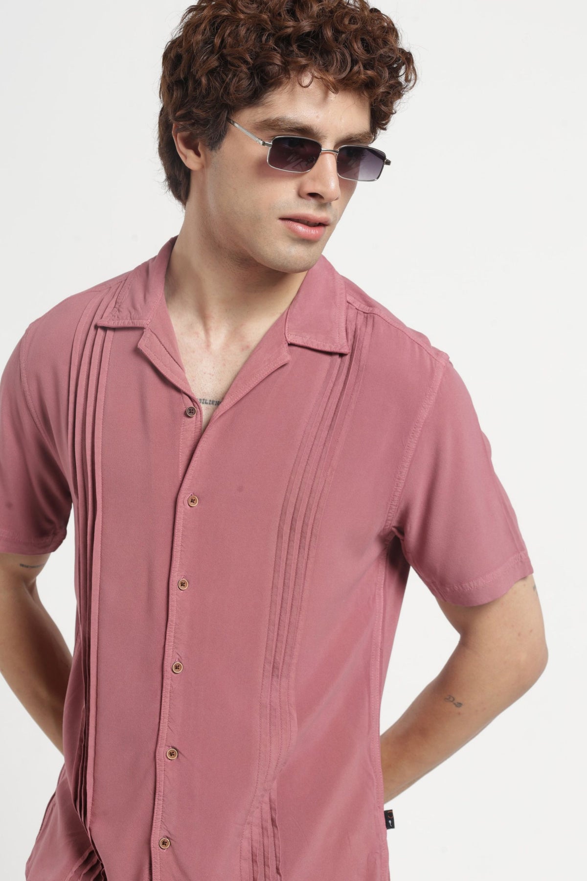 Cuban Collar Half sleeves Pintuck Flanking Solid Shirt In Peach