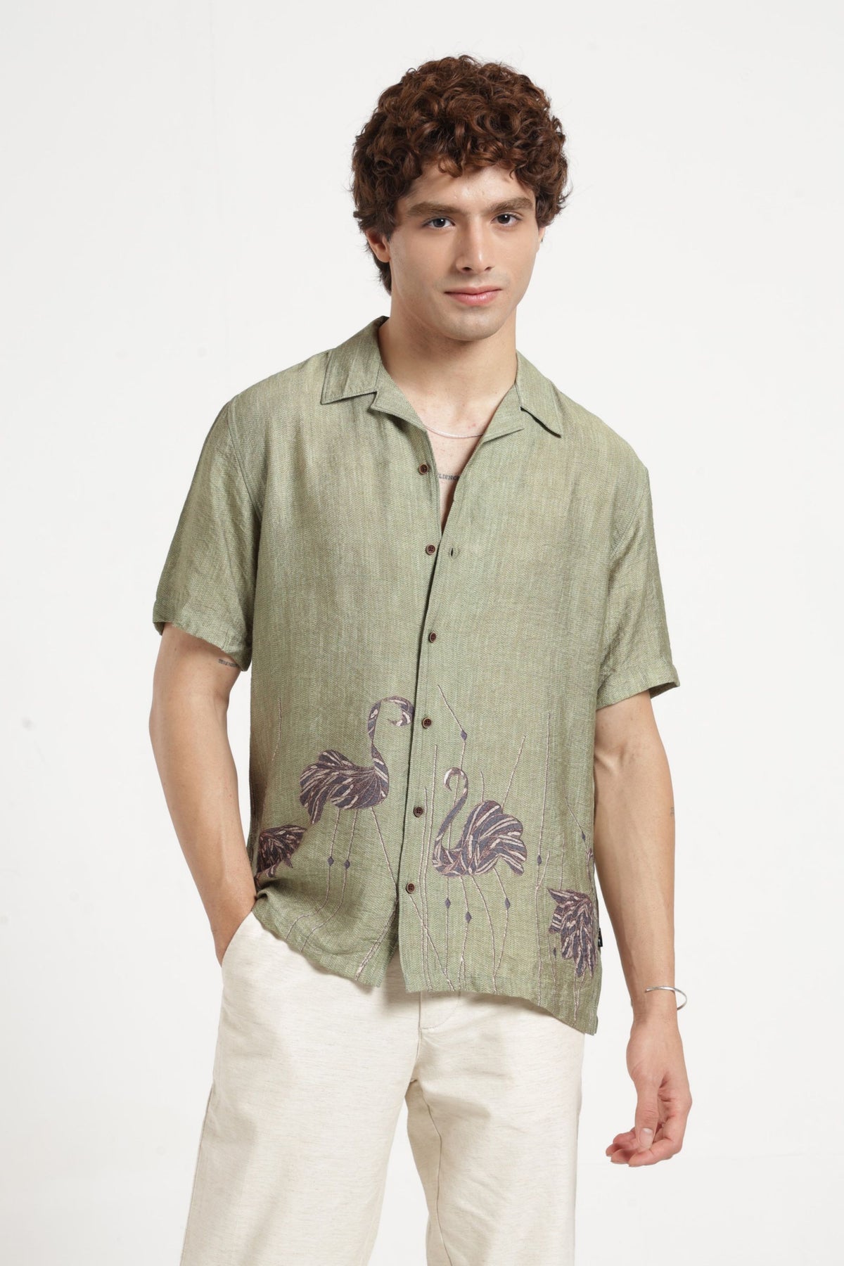 Swan Print Cuban Collar Shirt In Green