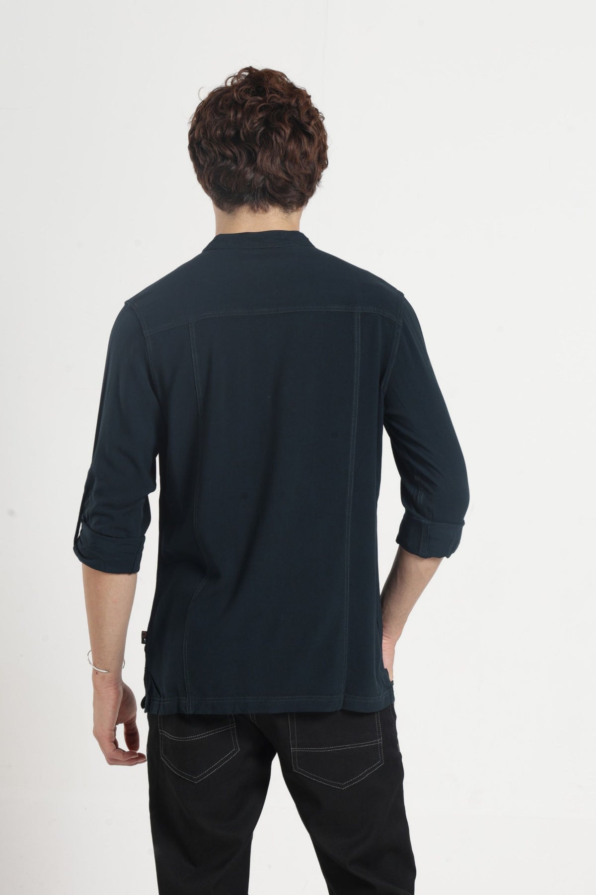 Mandarin Collar Half placket Solid Shirt/Kurta in Bottle green