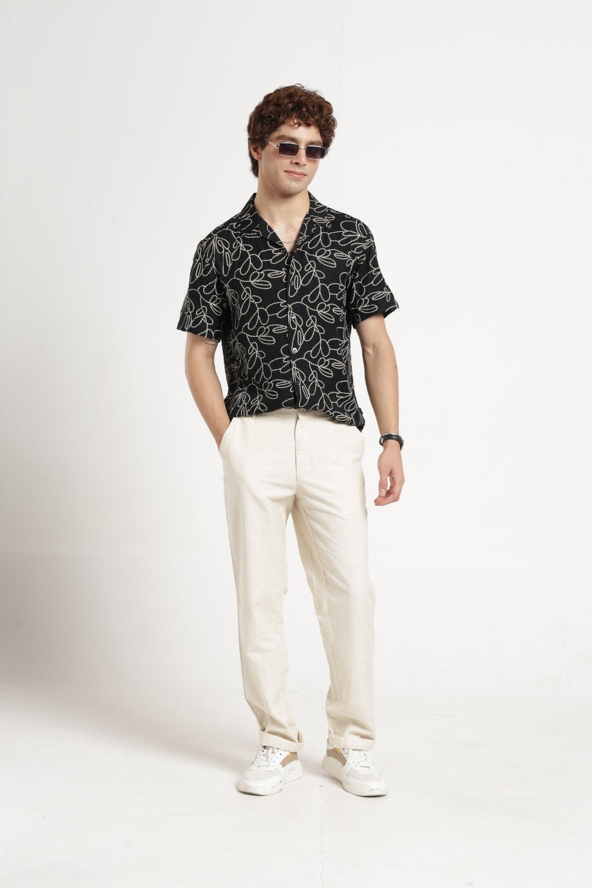 Abstract Print Cuban Collar Shirt In Black