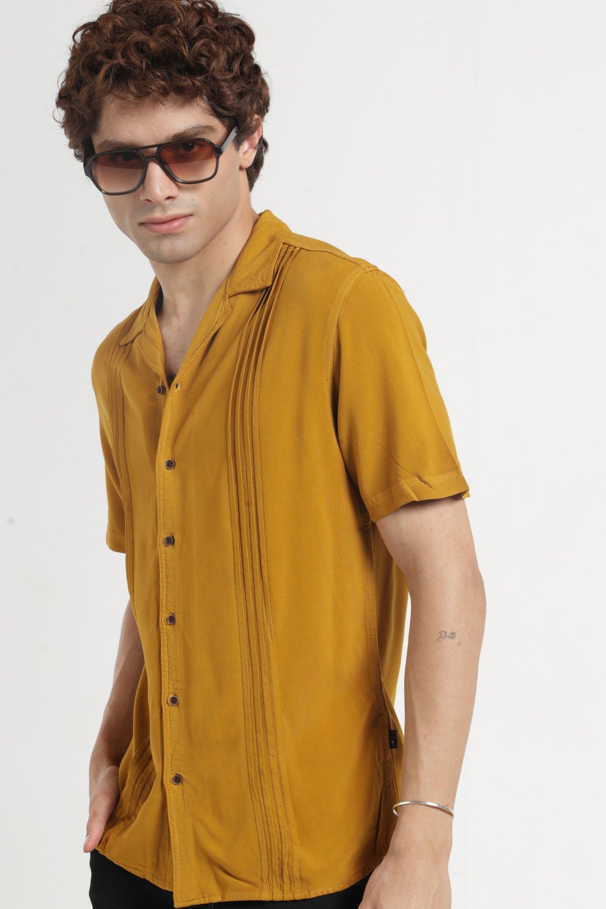 Cuban Collar Half sleeves Pintuck Flanking Solid Shirt In Mustard