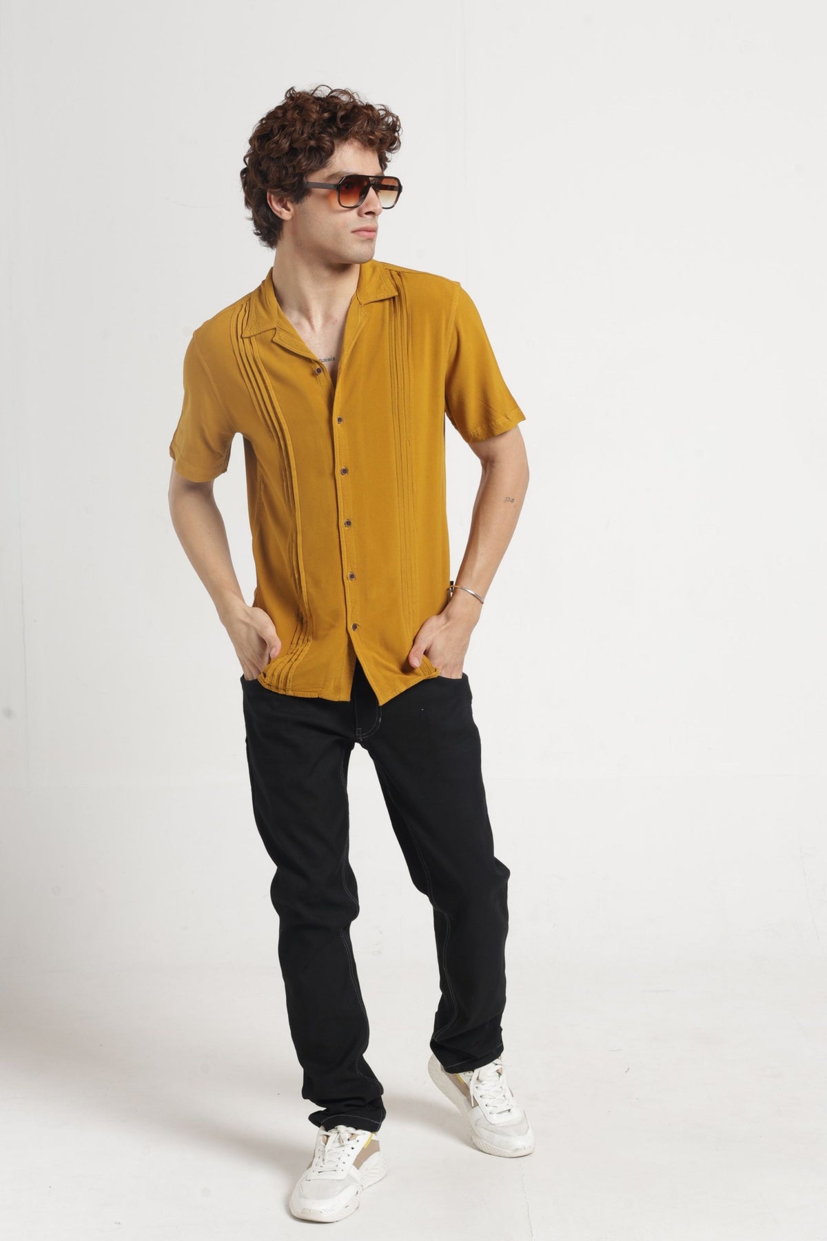 Cuban Collar Half sleeves Pintuck Flanking Solid Shirt In Mustard