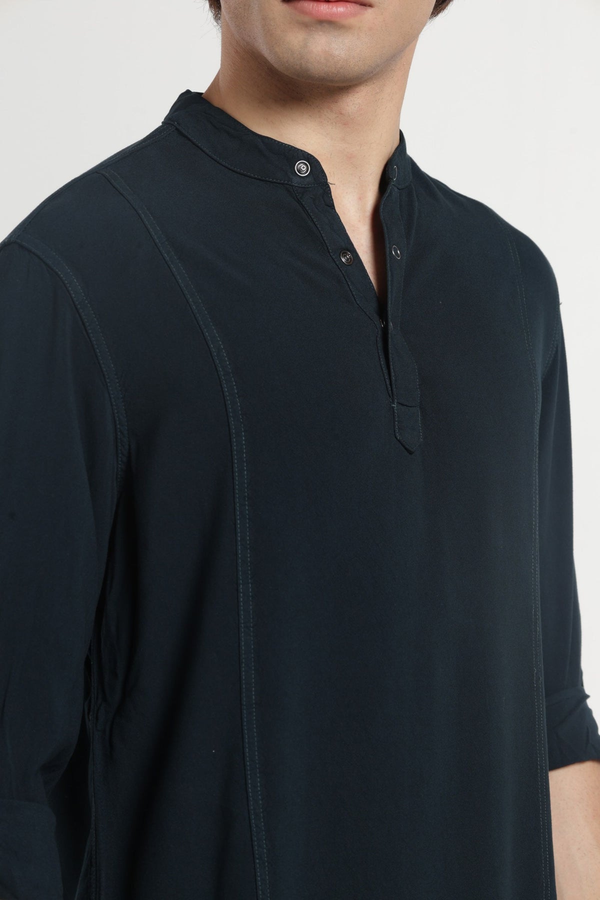 Mandarin Collar Half placket Solid Shirt/Kurta in Bottle green