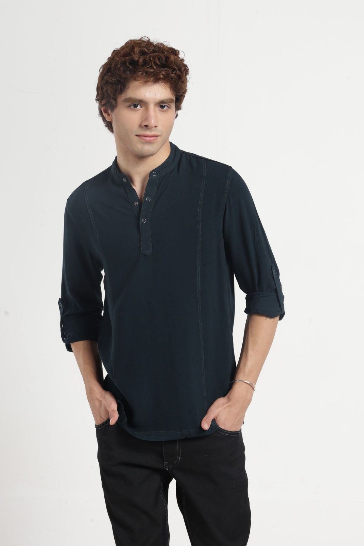 Mandarin Collar Half placket Solid Shirt/Kurta in Bottle green