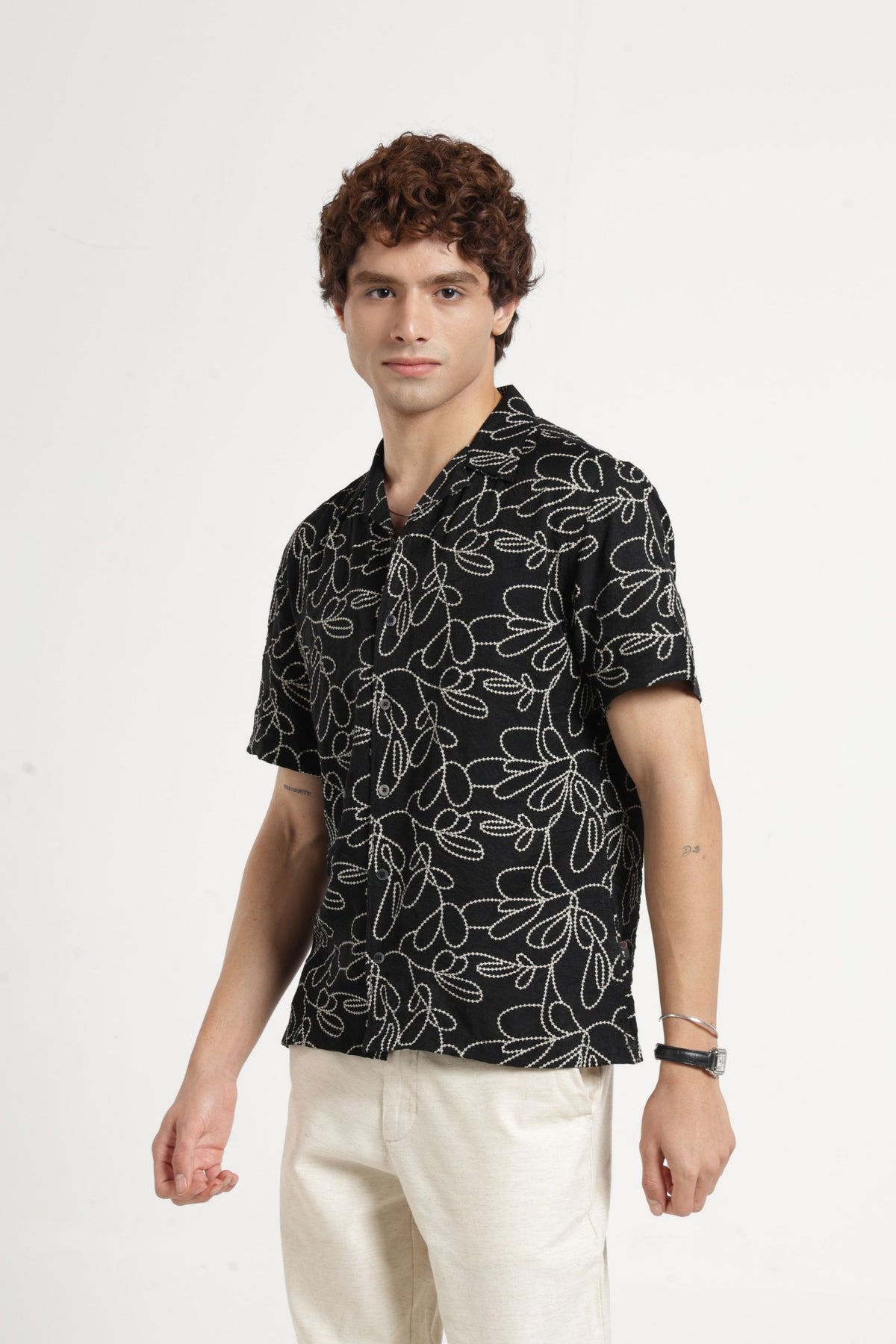Abstract Print Cuban Collar Shirt In Black