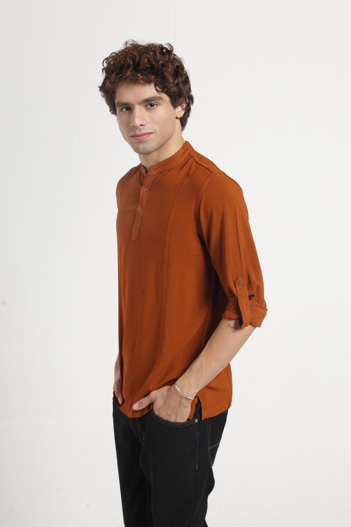 Mandarin Collar Half placket Solid Shirt/Kurta in Chocolate