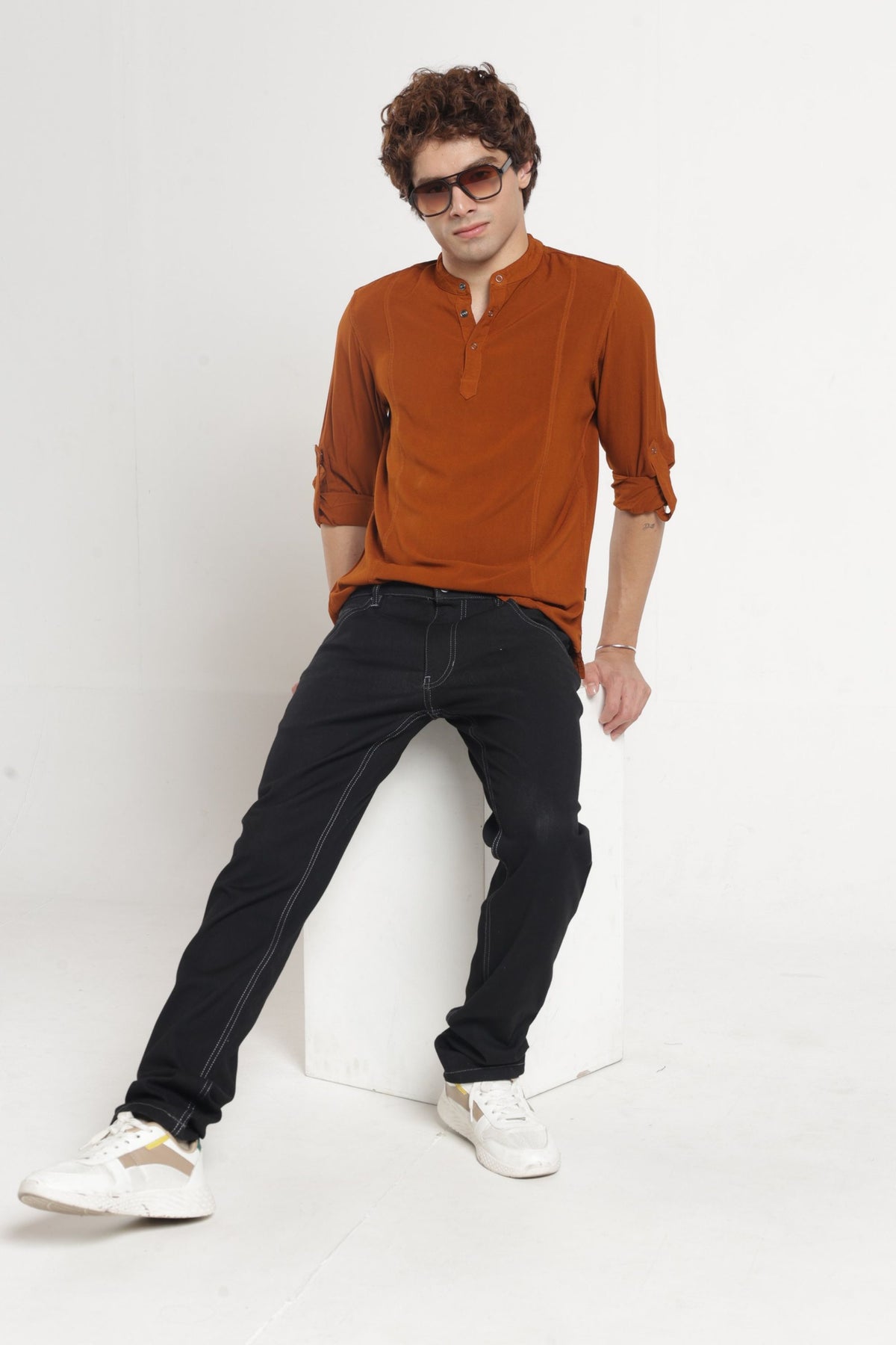 Mandarin Collar Half placket Solid Shirt/Kurta in Chocolate