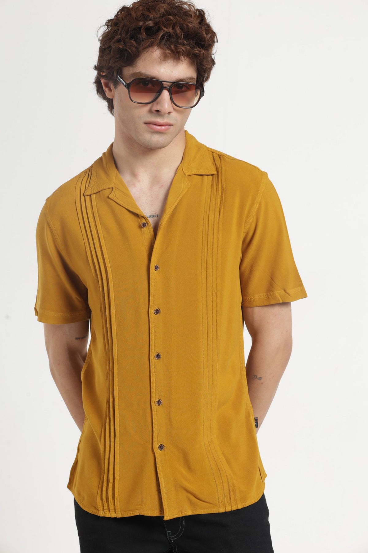 Cuban Collar Half sleeves Pintuck Flanking Solid Shirt In Mustard