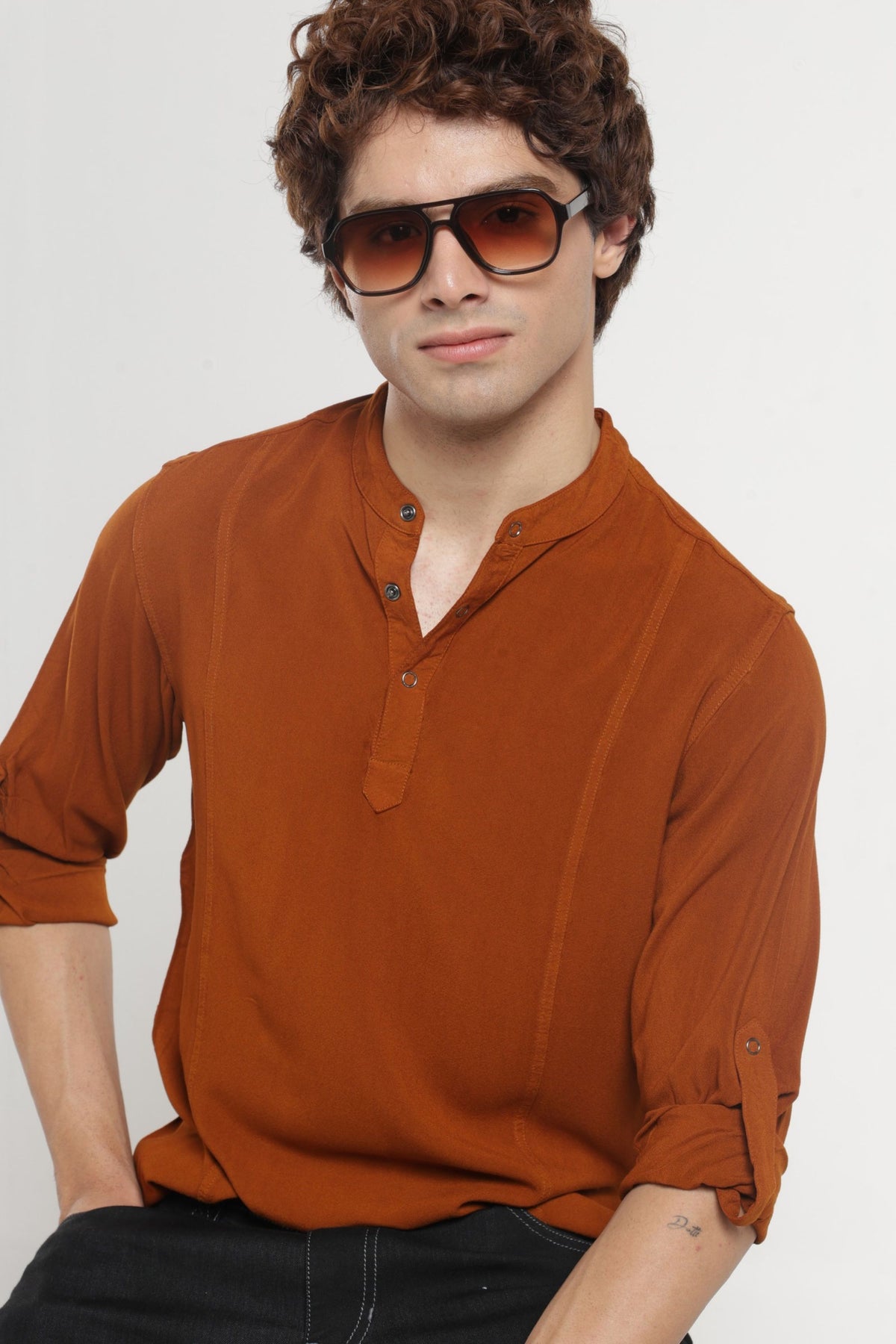 Mandarin Collar Half placket Solid Shirt/Kurta in Chocolate