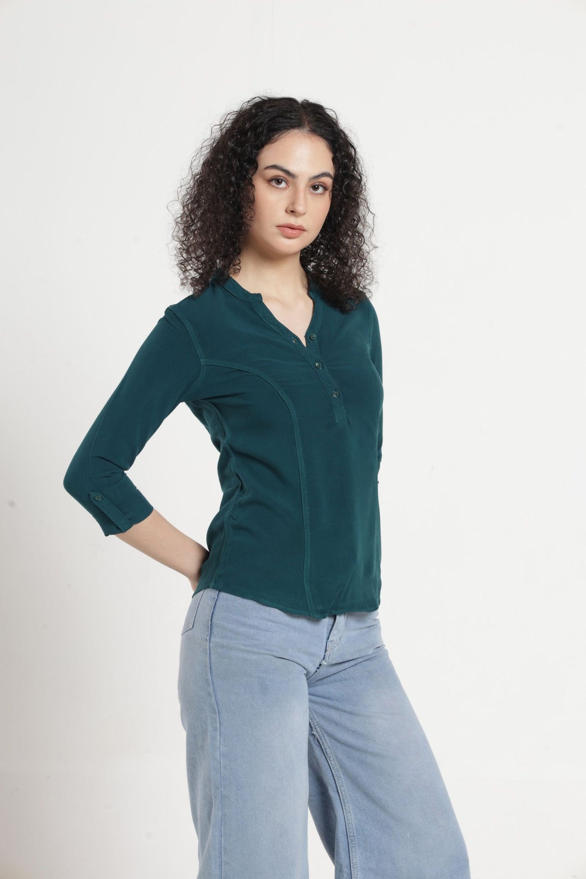 Women Solid Indo-Western Casual Shirt - Jungle green