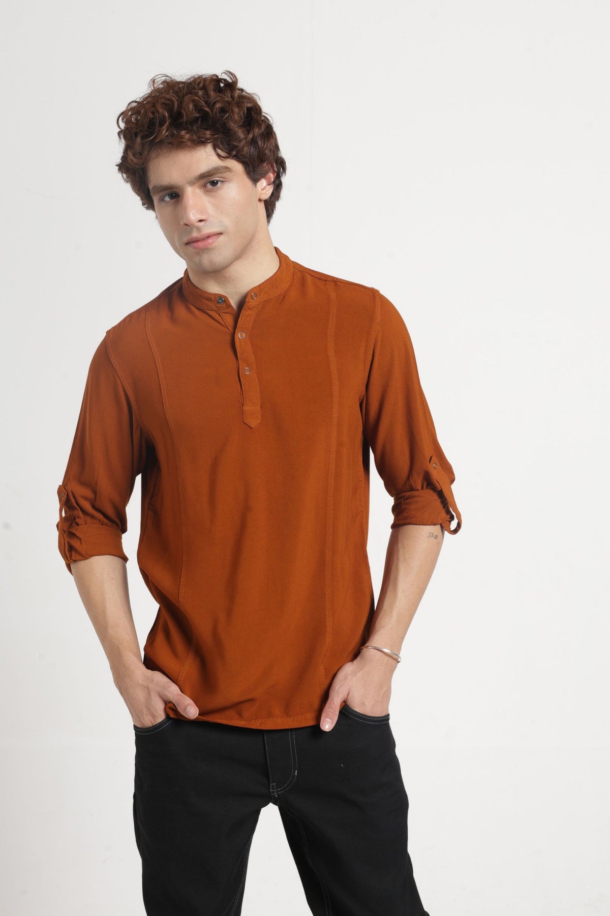 Mandarin Collar Half placket Solid Shirt/Kurta in Chocolate