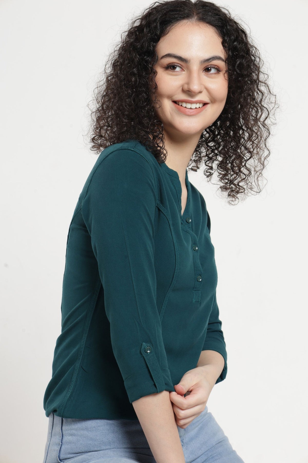 Women Solid Indo-Western Casual Shirt - Jungle green