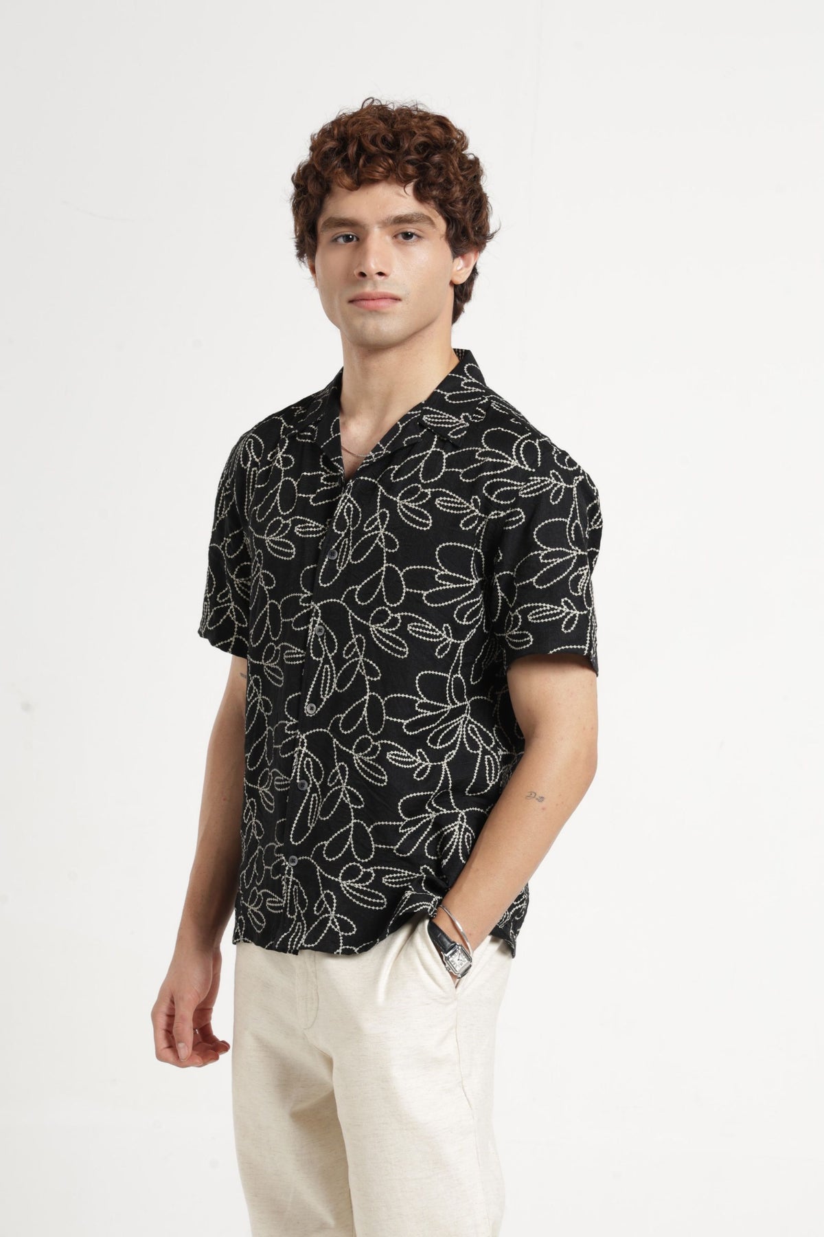 Abstract Print Cuban Collar Shirt In Black