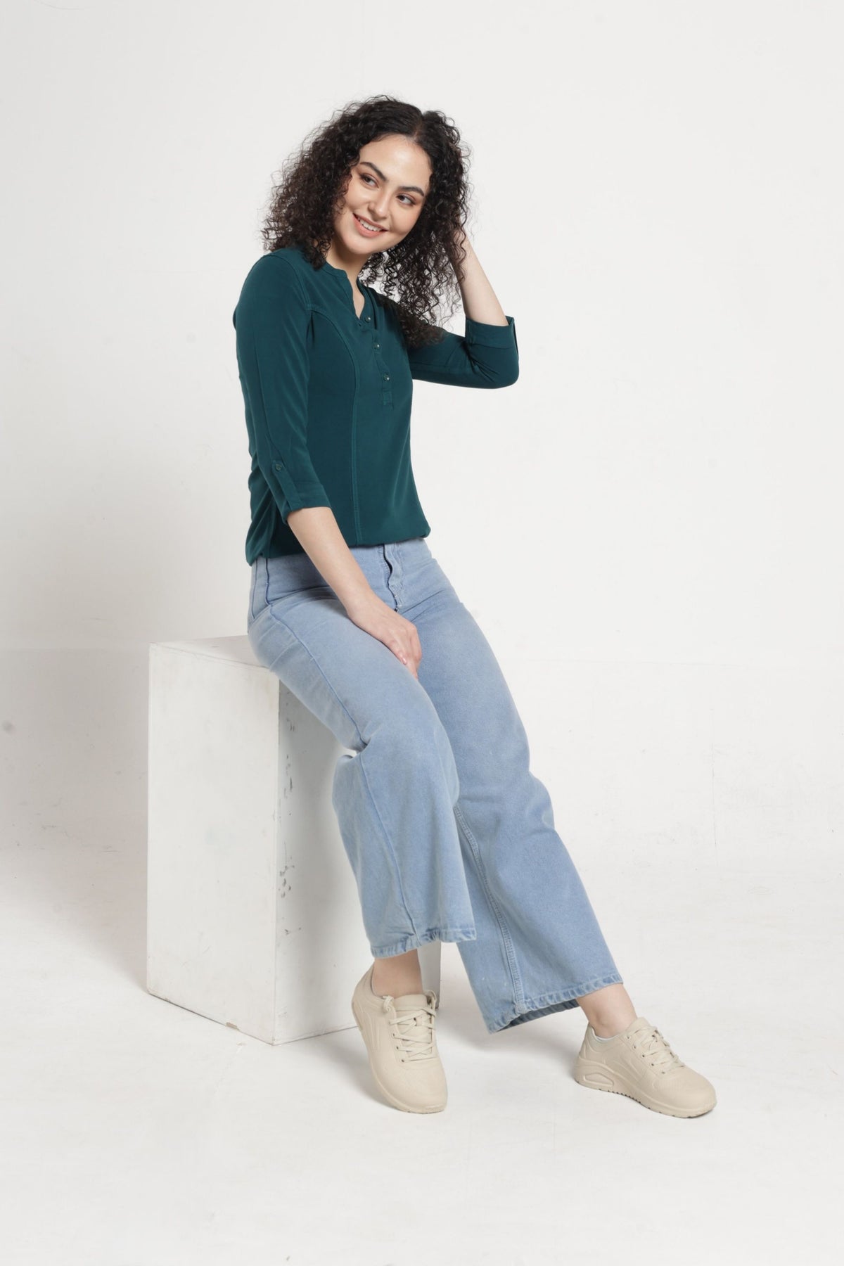 Women Solid Indo-Western Casual Shirt - Jungle green