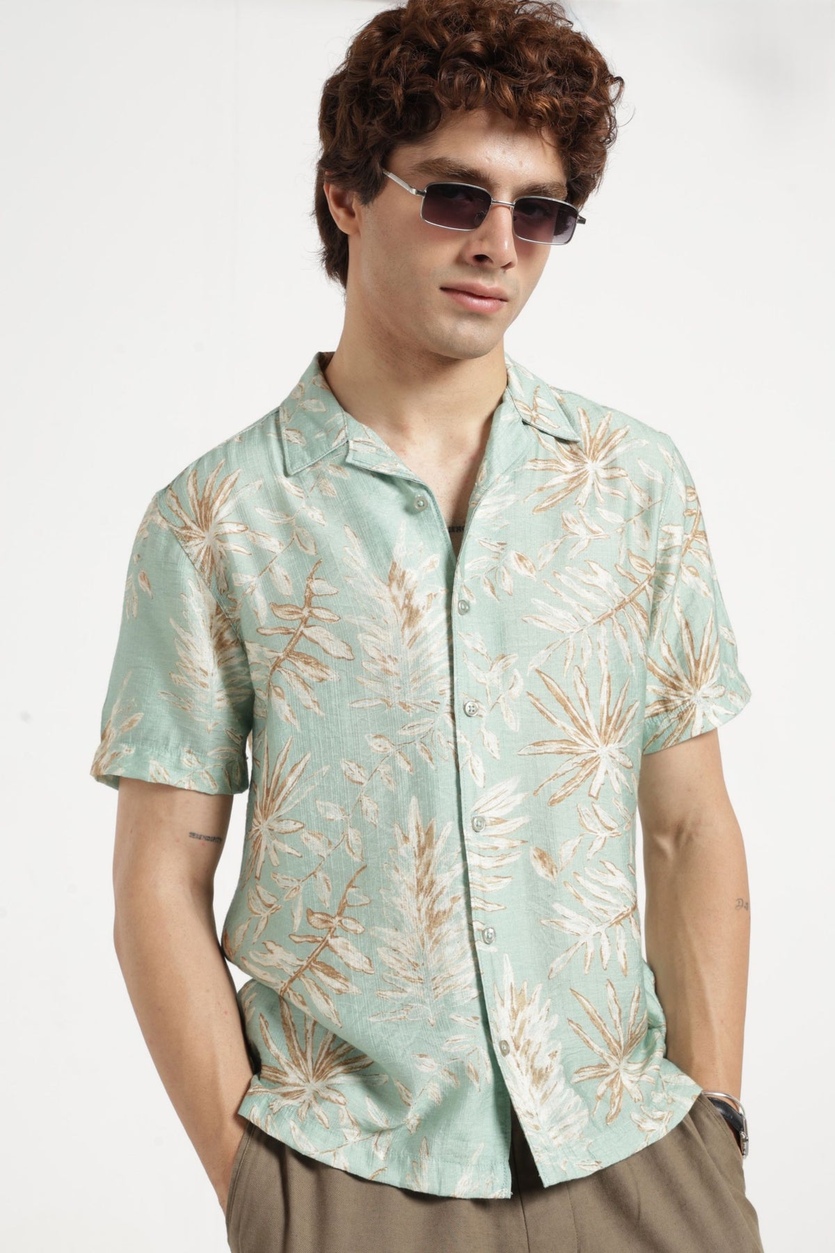 Abstract Print Cuban Collar Shirt In Mint