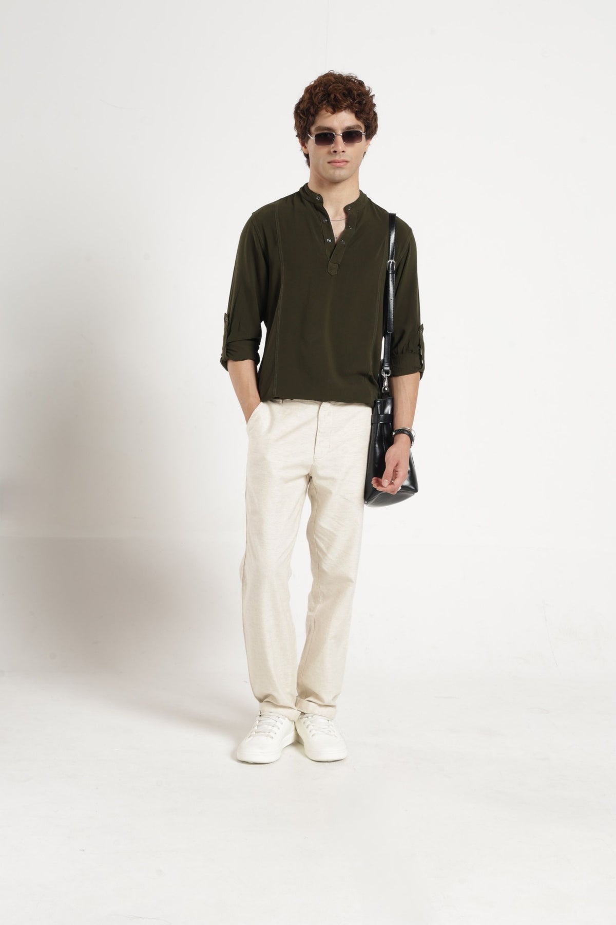 Mandarin Collar Half placket Solid Shirt/Kurta in Olive green