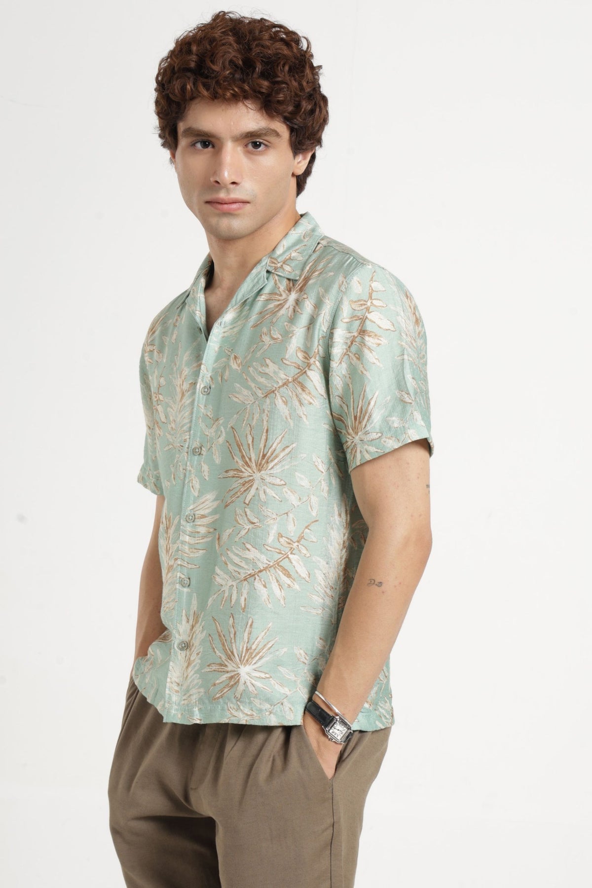 Abstract Print Cuban Collar Shirt In Mint