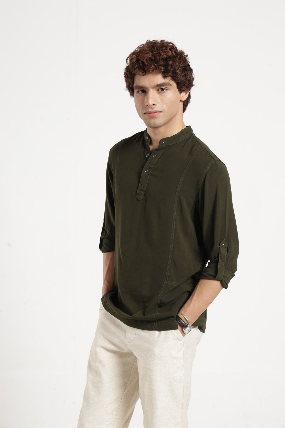 Mandarin Collar Half placket Solid Shirt/Kurta in Olive green