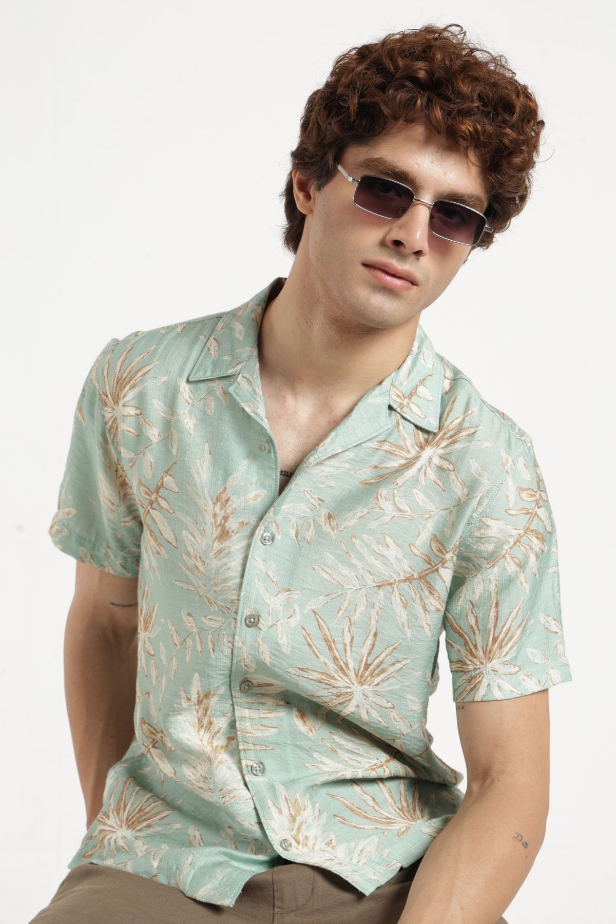 Abstract Print Cuban Collar Shirt In Mint