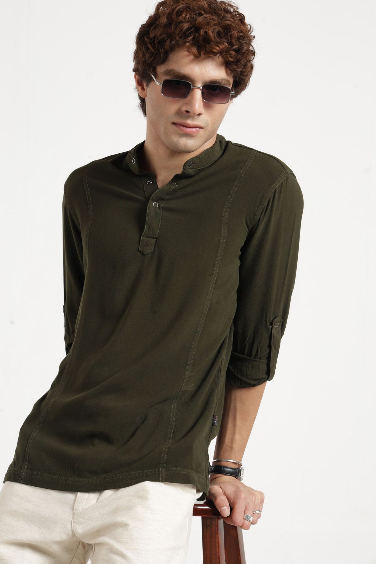 Mandarin Collar Half placket Solid Shirt/Kurta in Olive green