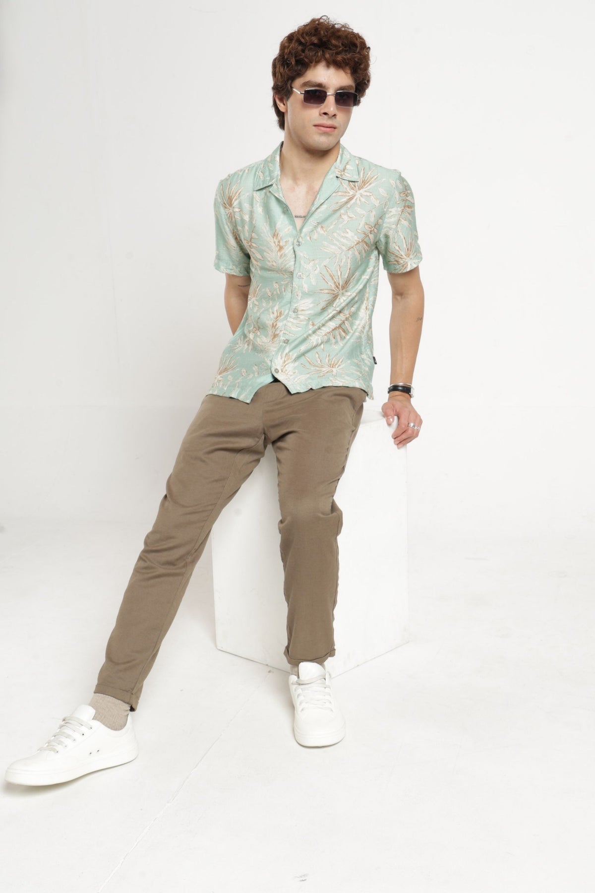 Abstract Print Cuban Collar Shirt In Mint