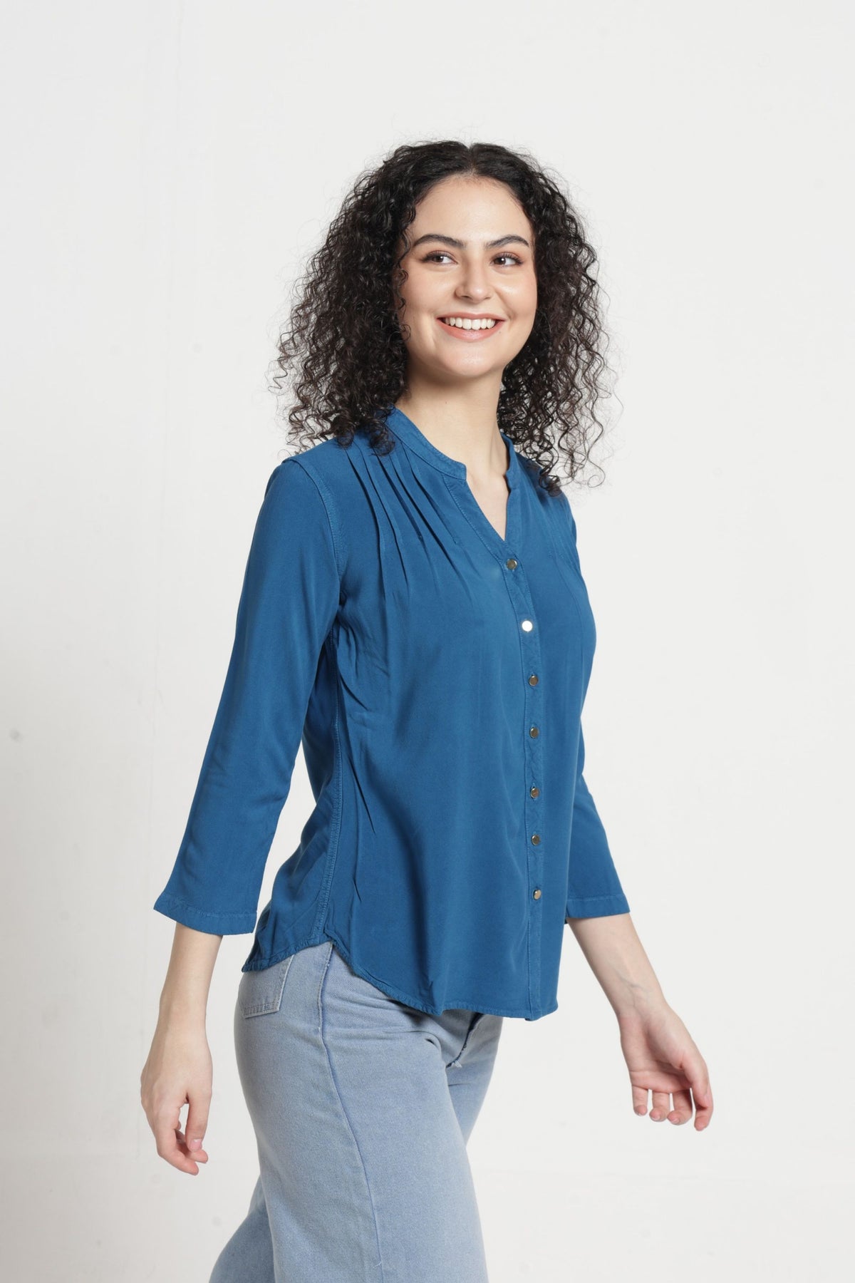 Women Solid Pintuck Indo-Western Shirt - Ocean blue