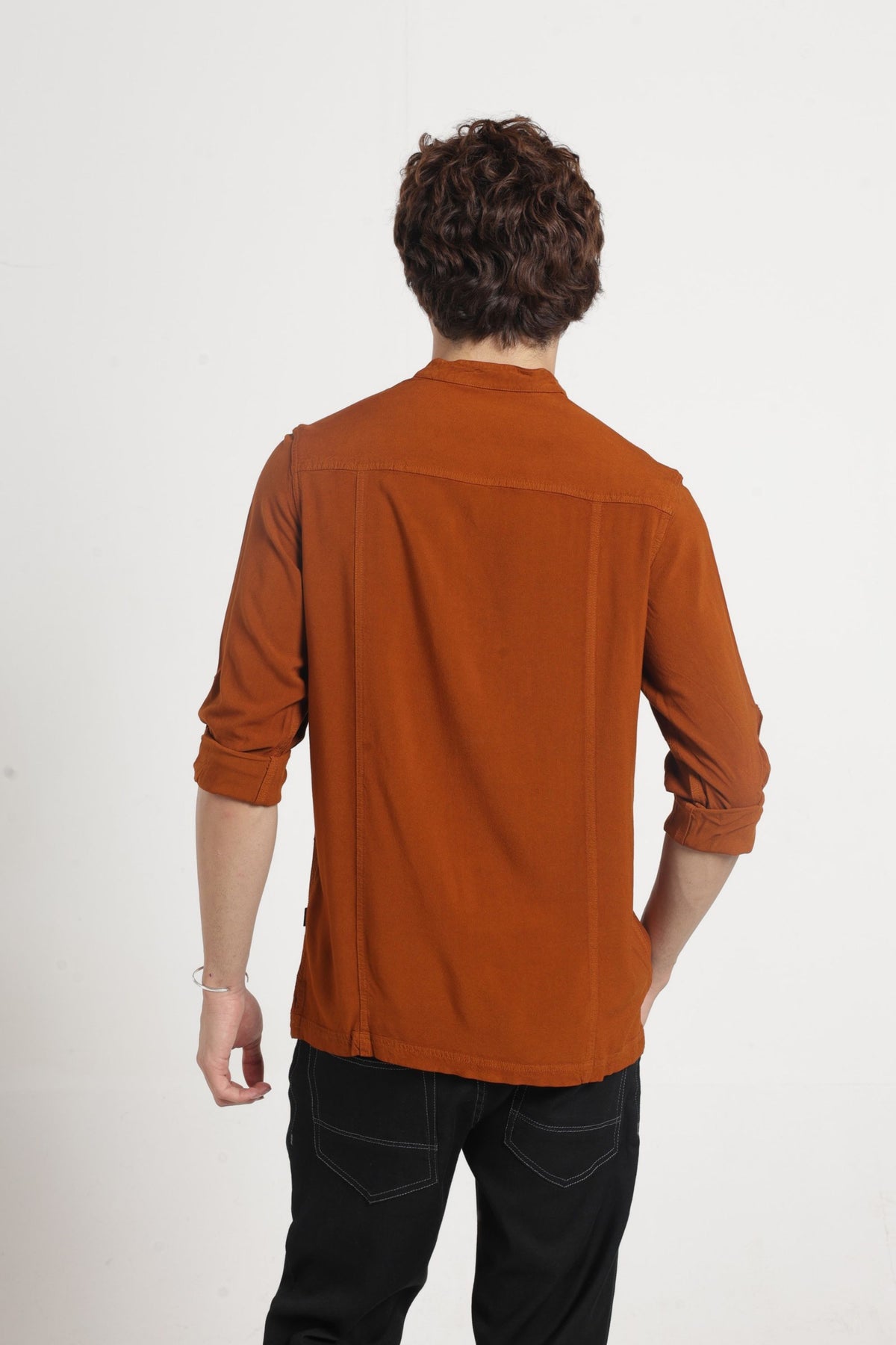 Mandarin Collar Half placket Solid Shirt/Kurta in Chocolate