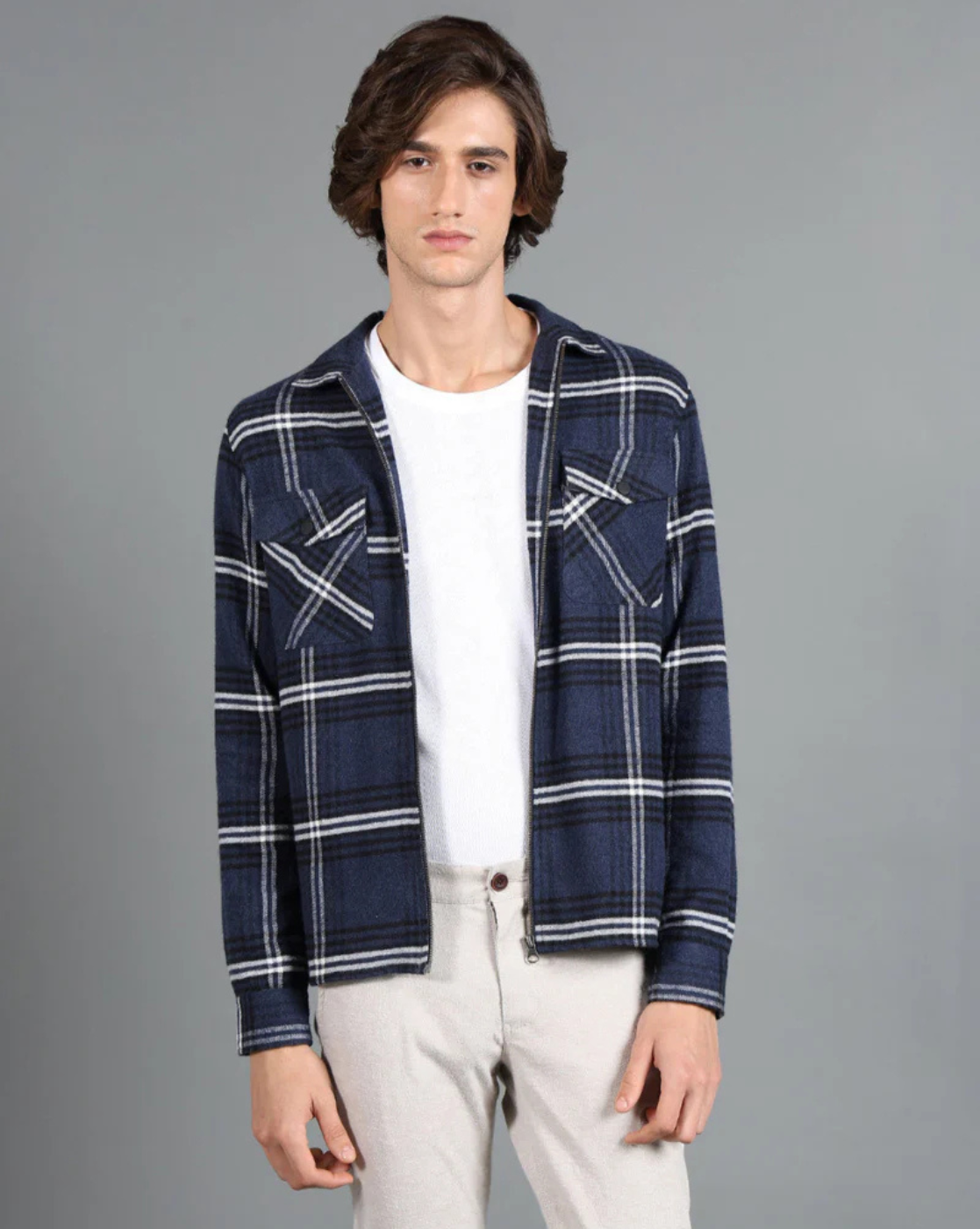 IDENTITI Men Slim Fit Regular Collar Checks Shacket In Navy.