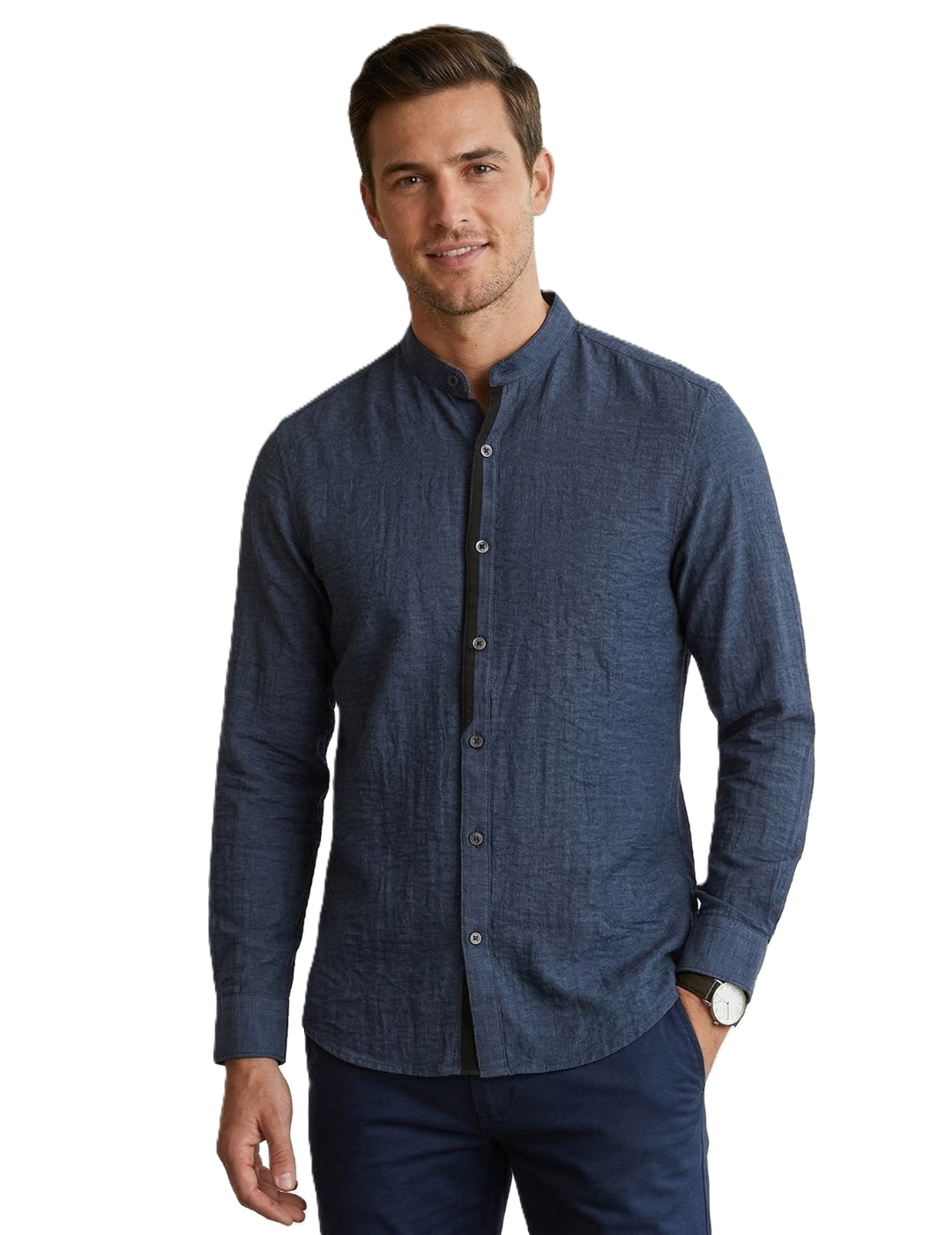 IDENTITI Men Slim Fit Mandarin Collar Solid Shirt In Navy.