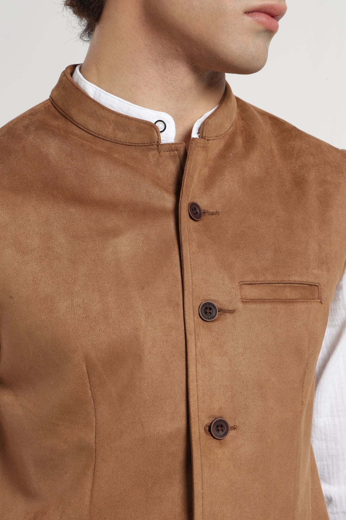 Mandarin Collar Suede Nehru Jacket In Khaki