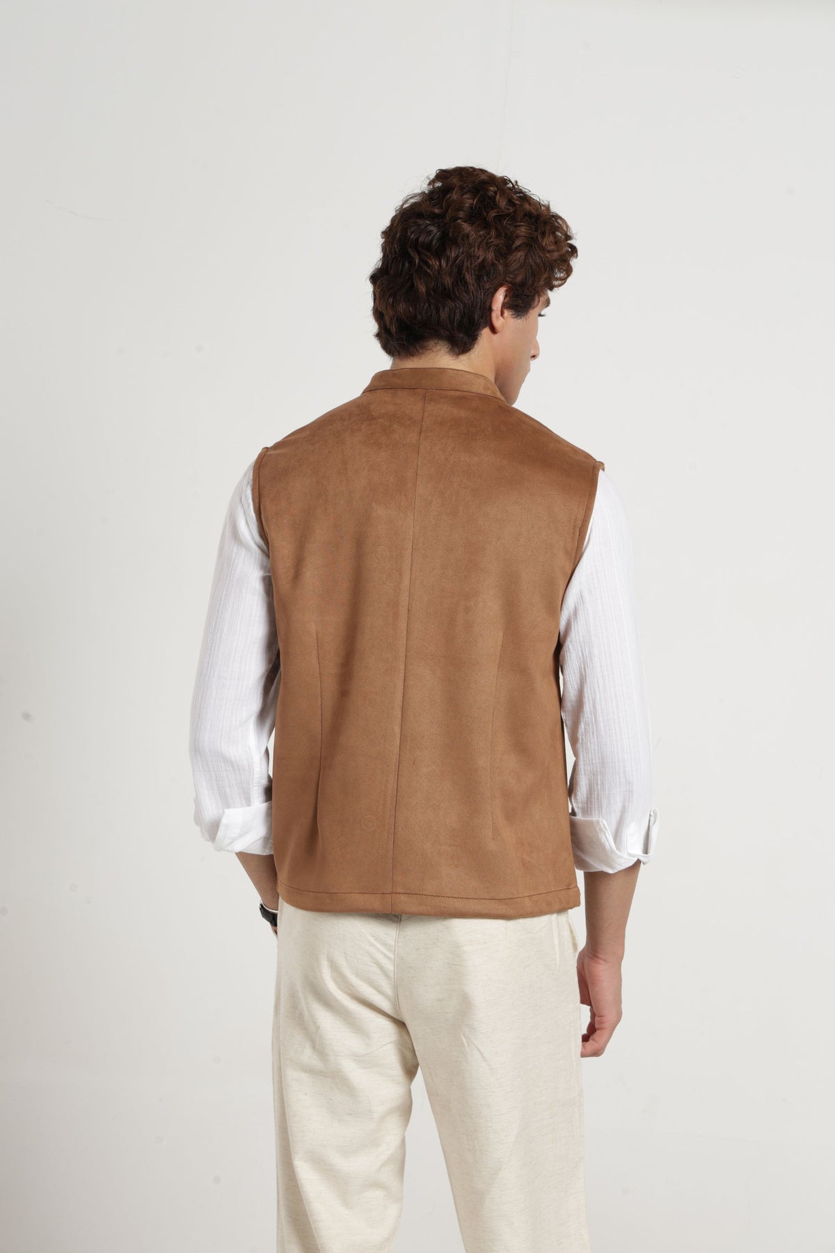 Mandarin Collar Suede Nehru Jacket In Khaki