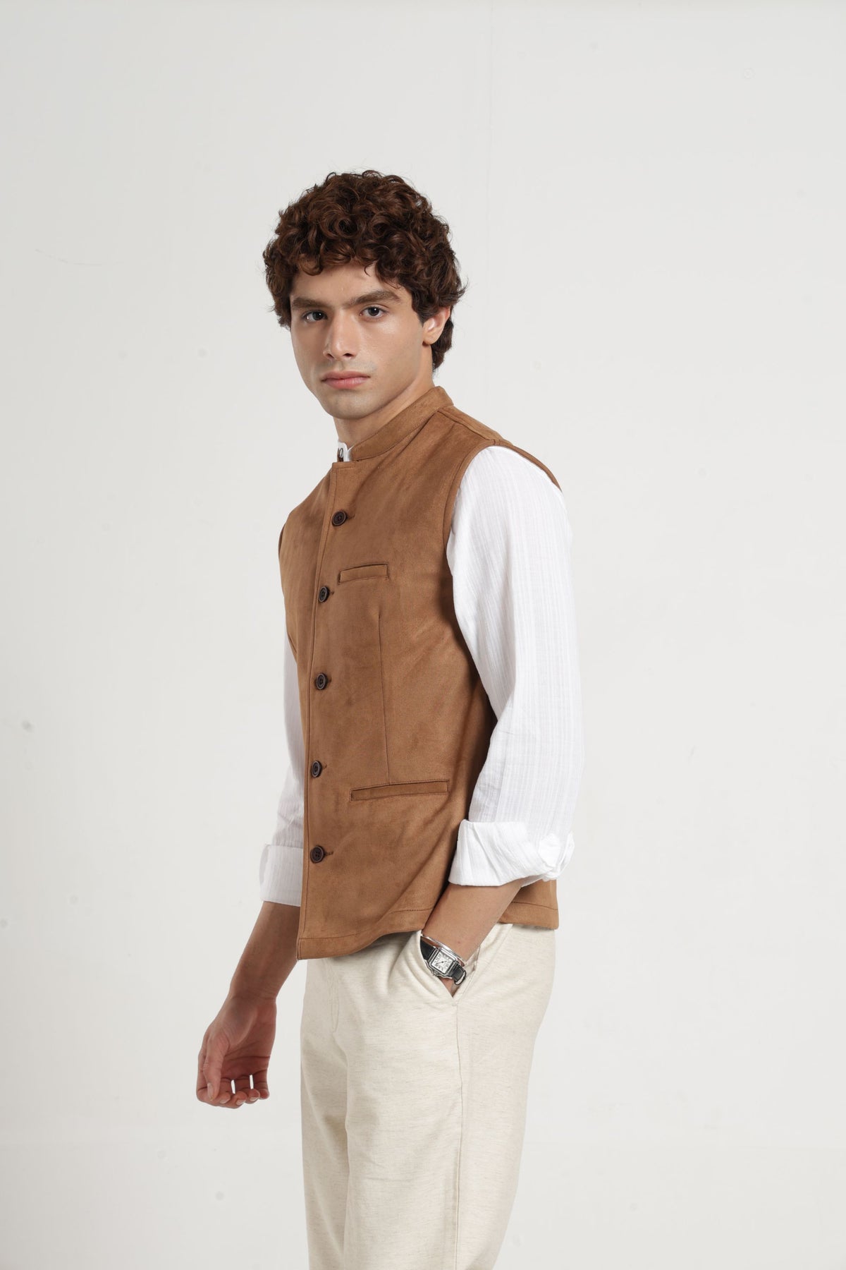 Mandarin Collar Suede Nehru Jacket In Khaki
