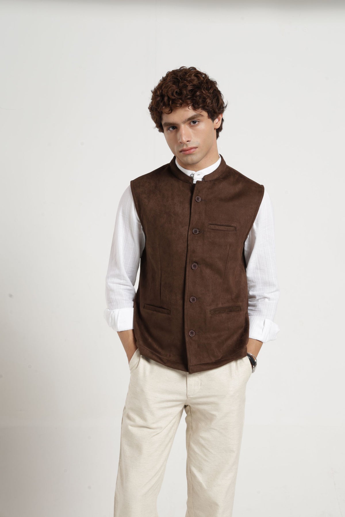 Mandarin Collar Suede Nehru Jacket In Brown