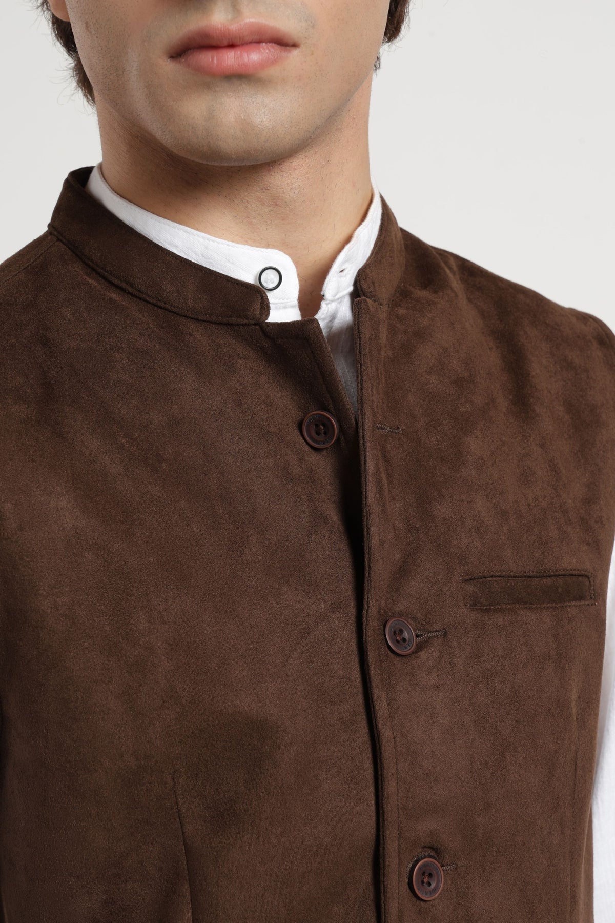Mandarin Collar Suede Nehru Jacket In Brown
