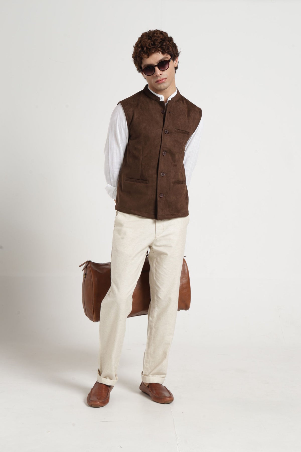 Mandarin Collar Suede Nehru Jacket In Brown