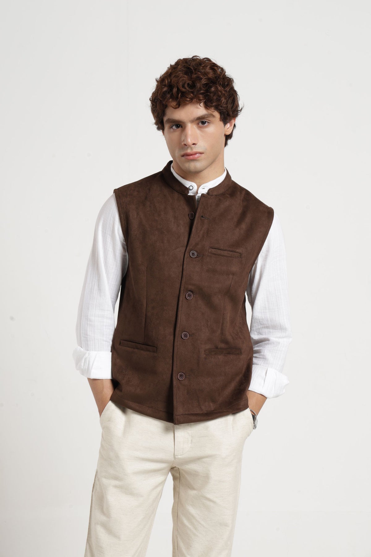 Mandarin Collar Suede Nehru Jacket In Brown