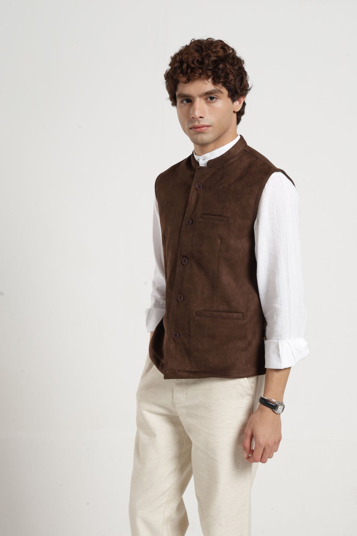 Mandarin Collar Suede Nehru Jacket In Brown