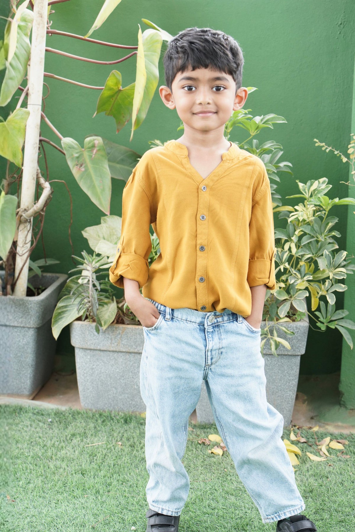 IDENTITI Boys Slim Fit Mandarin Collar Solid Shirt In Mustard.
