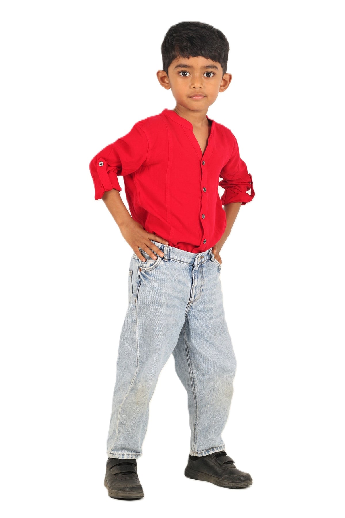 IDENTITI Boys Slim Fit Mandarin Collar Solid Shirt In Red.