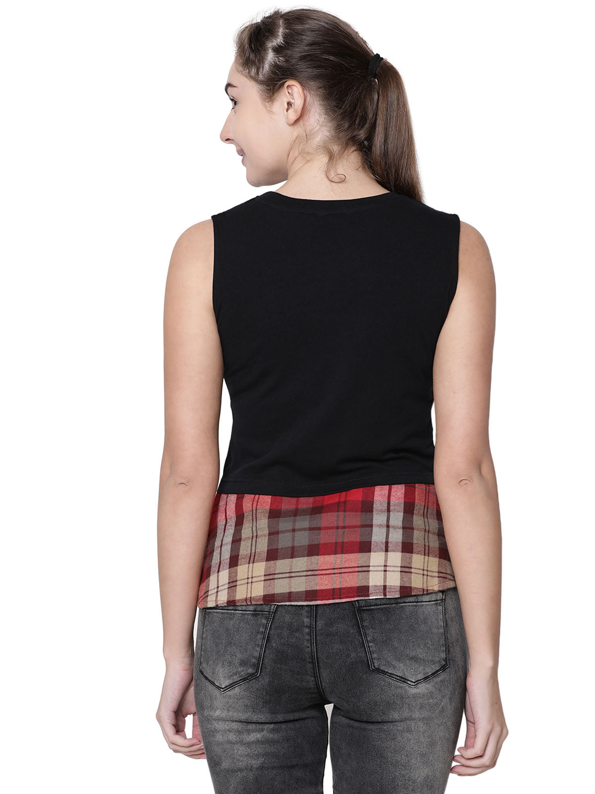 Women Checkered Black T- shirt