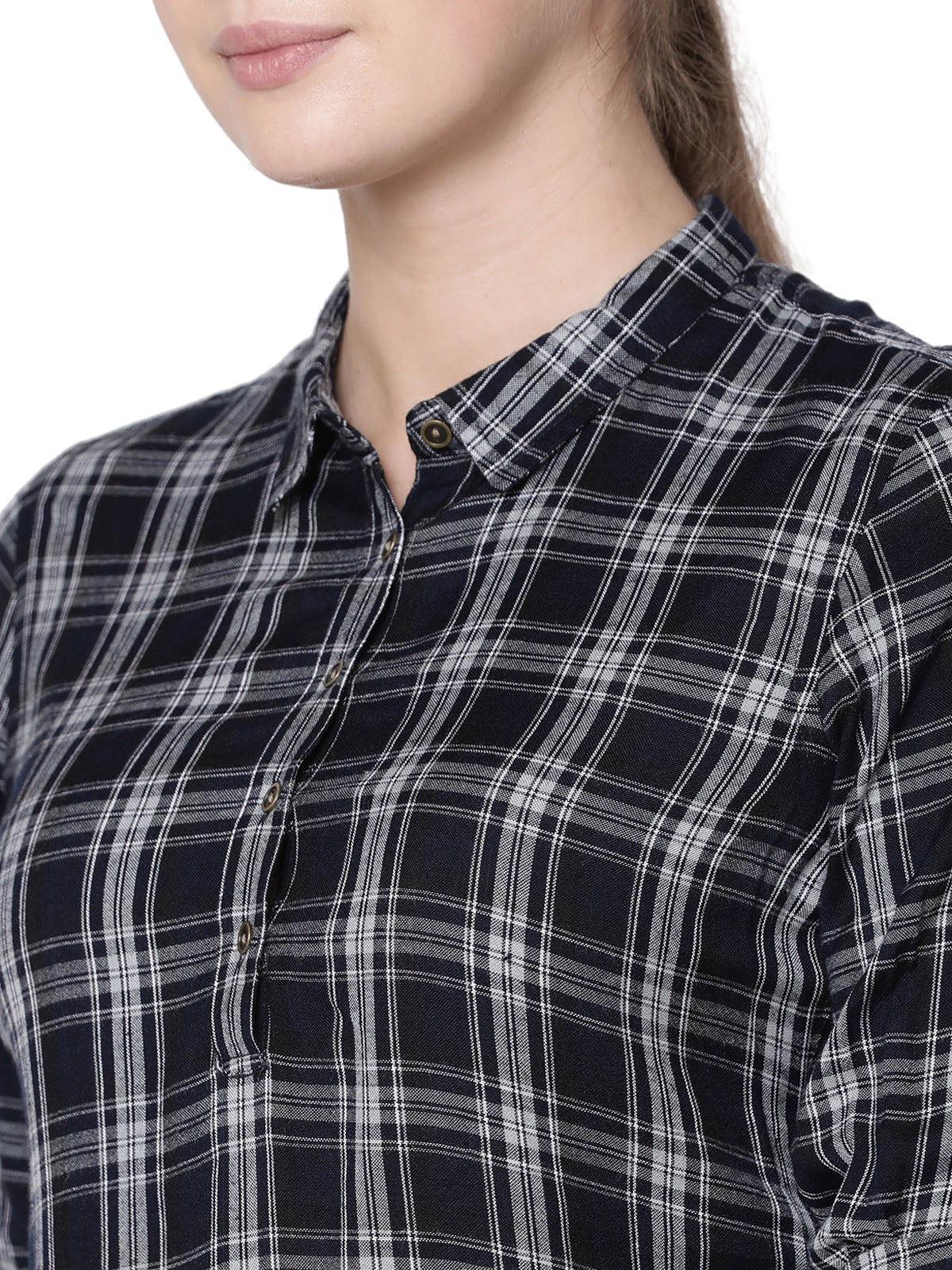 Women Navy Checkered Slim Fit Casual Top