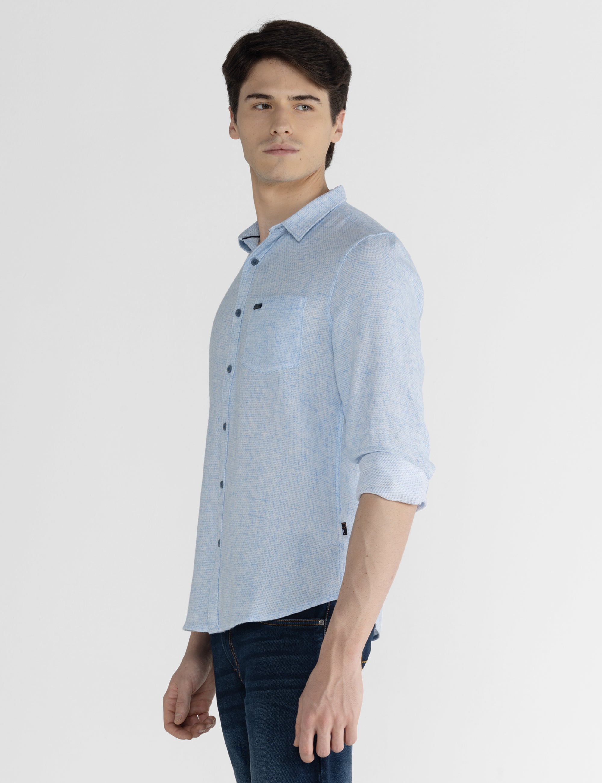 Identiti Men Collared Solid Step Dobby Shirt With Pocket