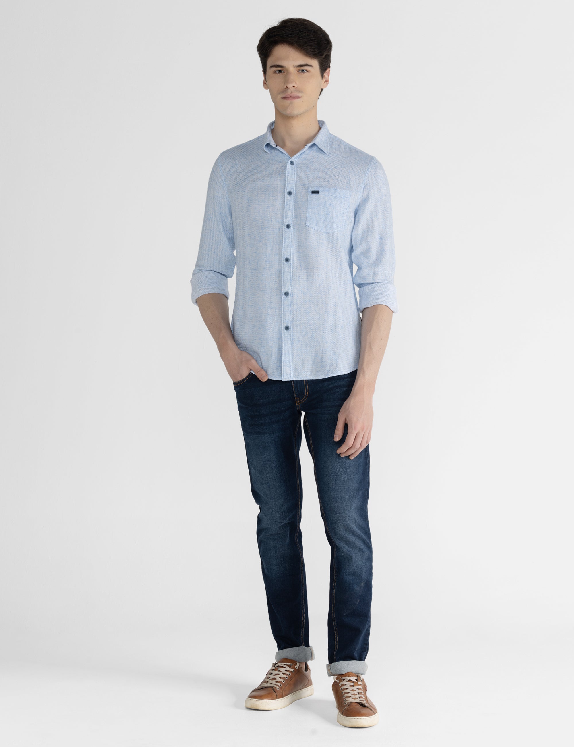Identiti Men Collared Solid Step Dobby Shirt With Pocket