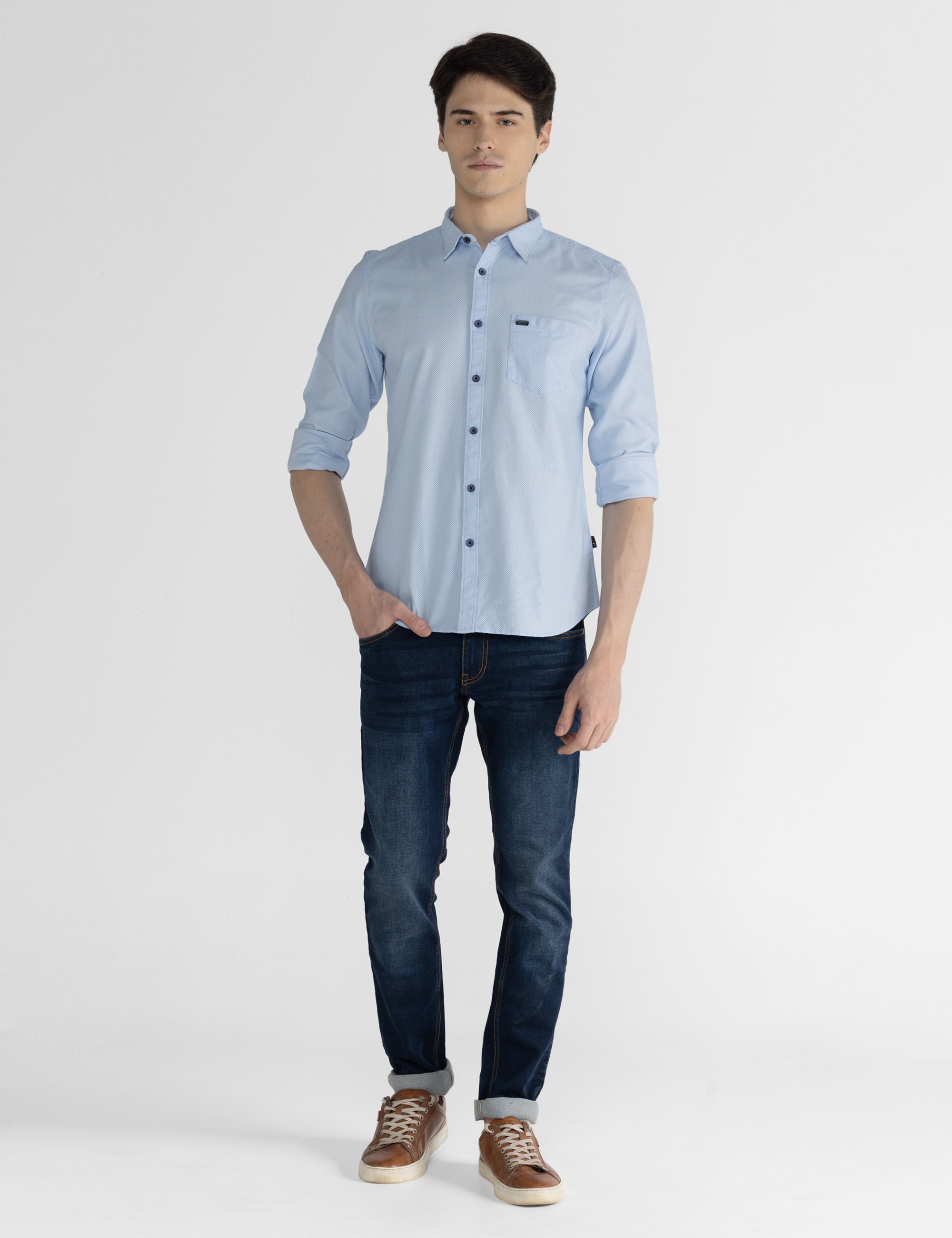 Identiti Men Collared Solid Leno Dobby Shirt With Pocket In Blue