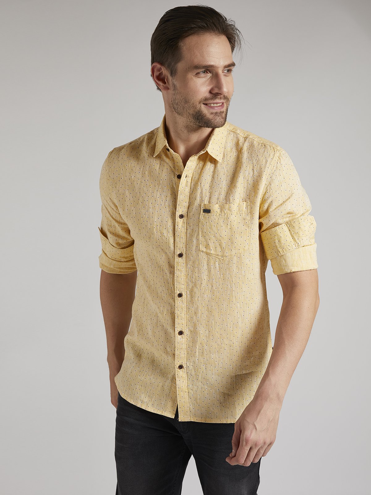 Men Premium Linen Printed Shirt - Pastel Yellow