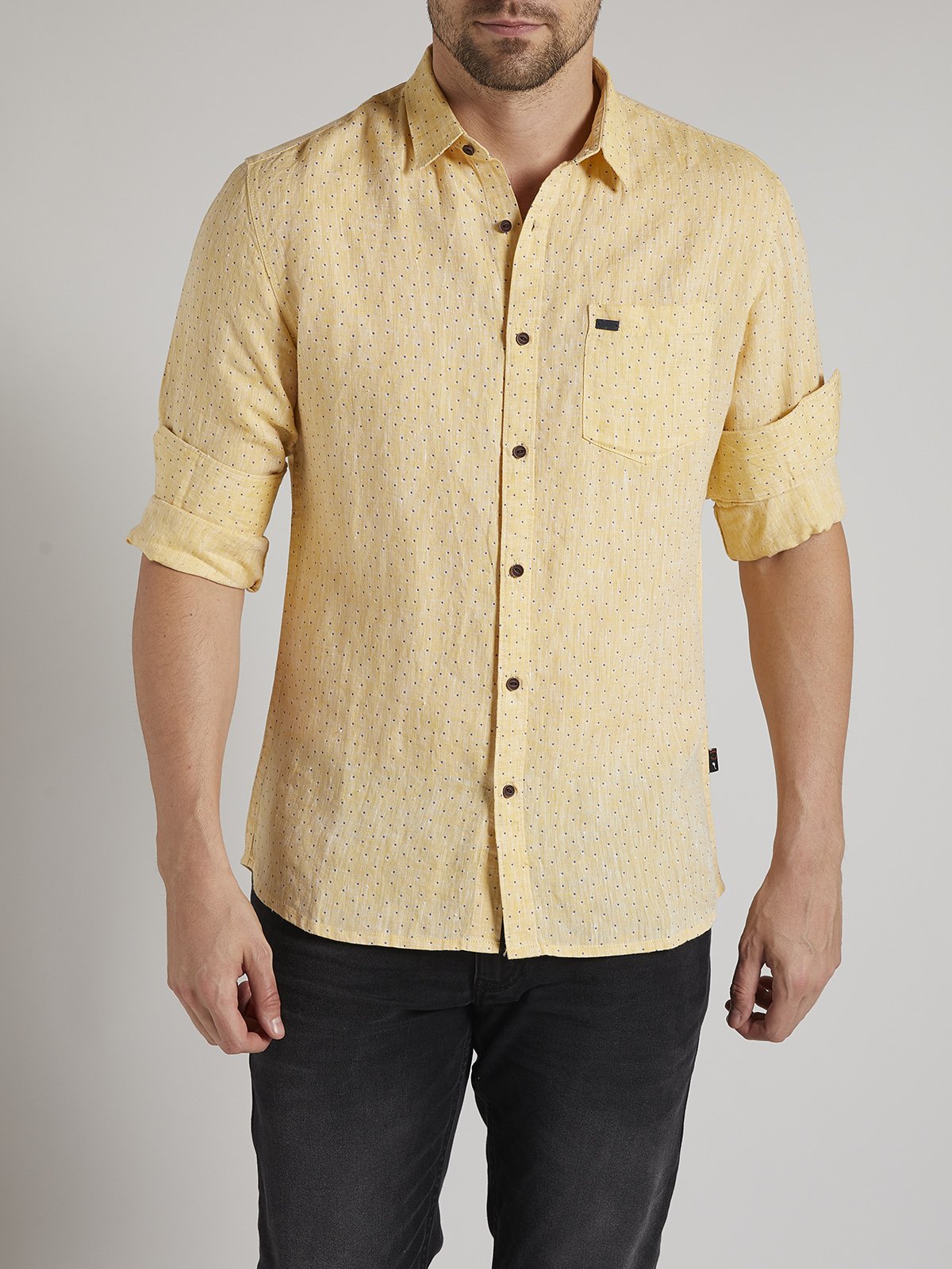 Men Premium Linen Printed Shirt - Pastel Yellow